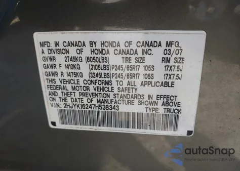 2007 Honda Ridgeline Rt из США, поврежденный, VIN 2HJYK16247H538343